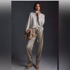 Maeve Satin Drawstring Ankle Joggers in Light Olive